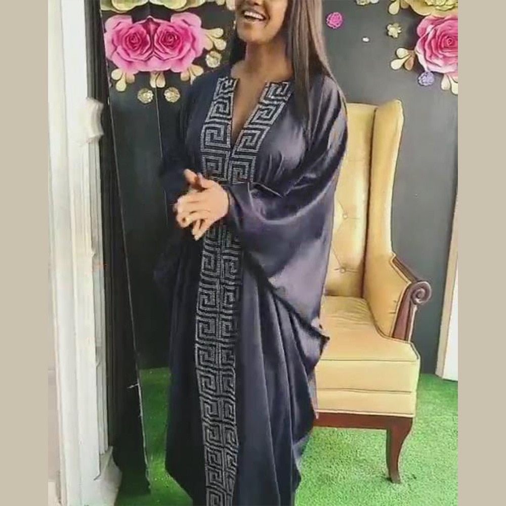 Fashion African woman large size bat sleeve dress Muslim Islamic style robe imitation silk hot Hot Fix Rhinestone - Statnmore-7861