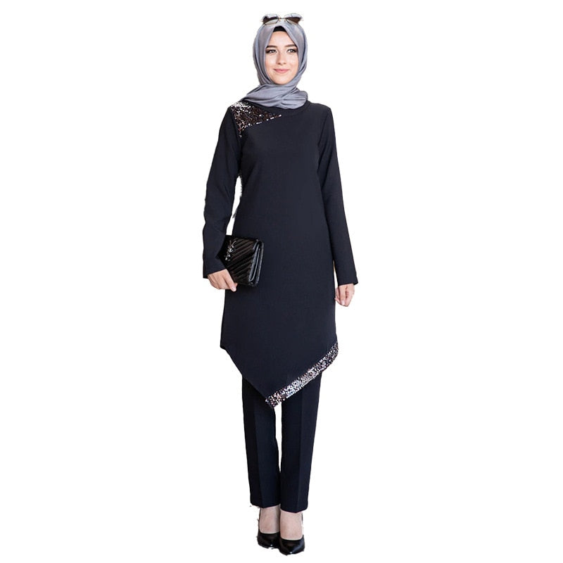 Muslim 2 Piece Sets Women Abaya Dubai Lace-up Tops and Wide Leg Pants Kaftan Eid Pakistan Turkey African Prayer Islamic Clothing - Statnmore-7861