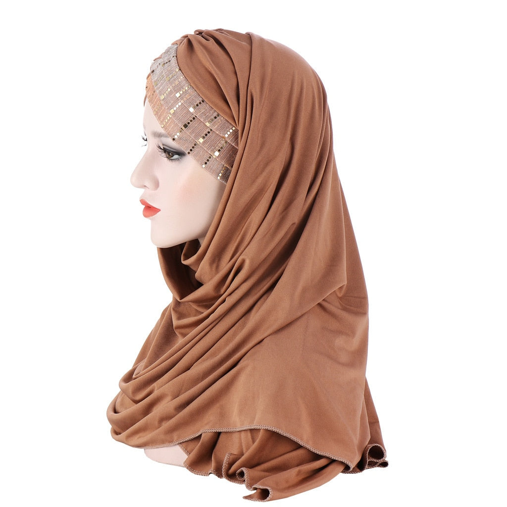 2021 New Product Sequin Splicing Women Hijab Scarf Muslim Lady Hijab Caps Islam Clothing Malaysia Solid Shawl Headscarves - Statnmore-7861