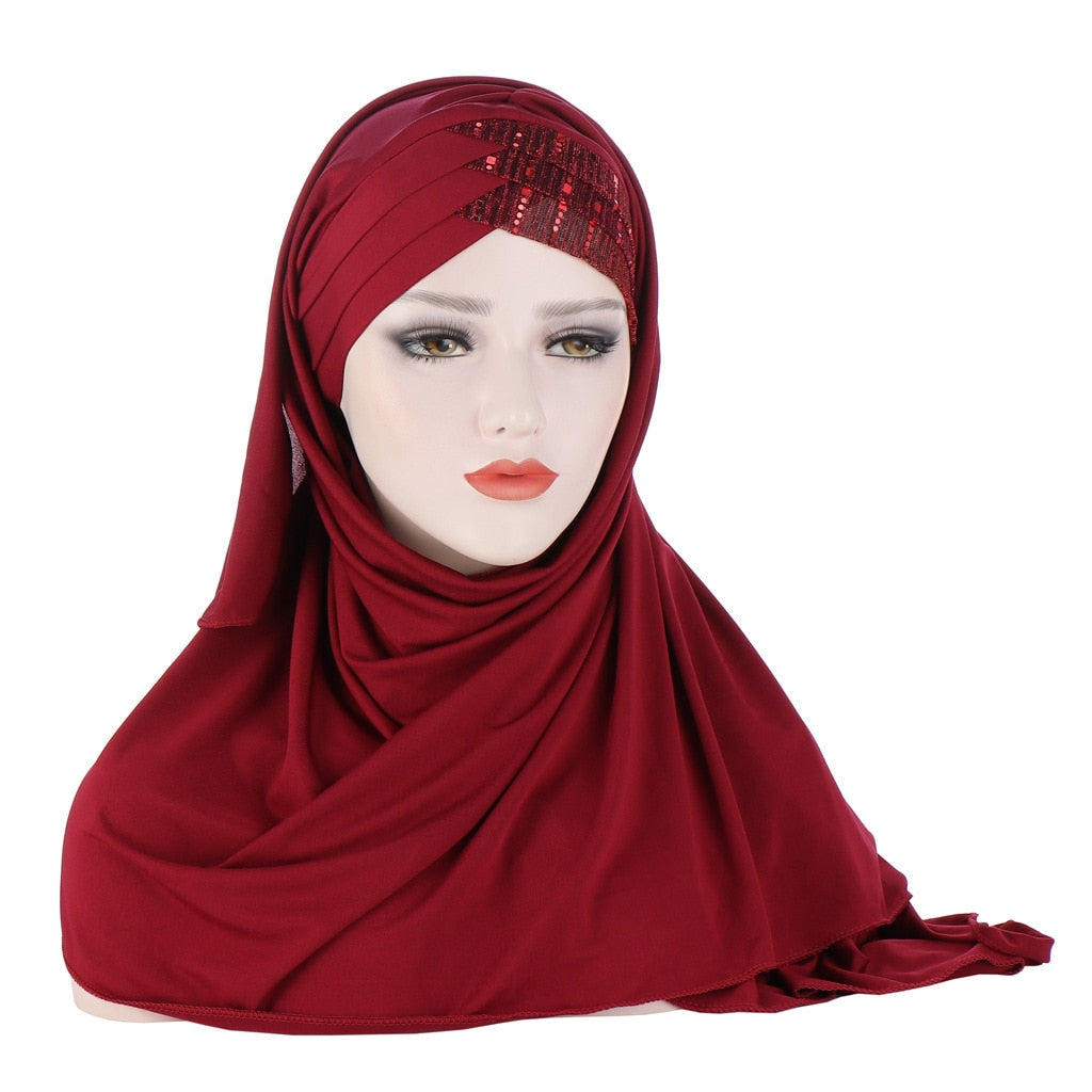 2021 New Product Sequin Splicing Women Hijab Scarf Muslim Lady Hijab Caps Islam Clothing Malaysia Solid Shawl Headscarves - Statnmore-7861