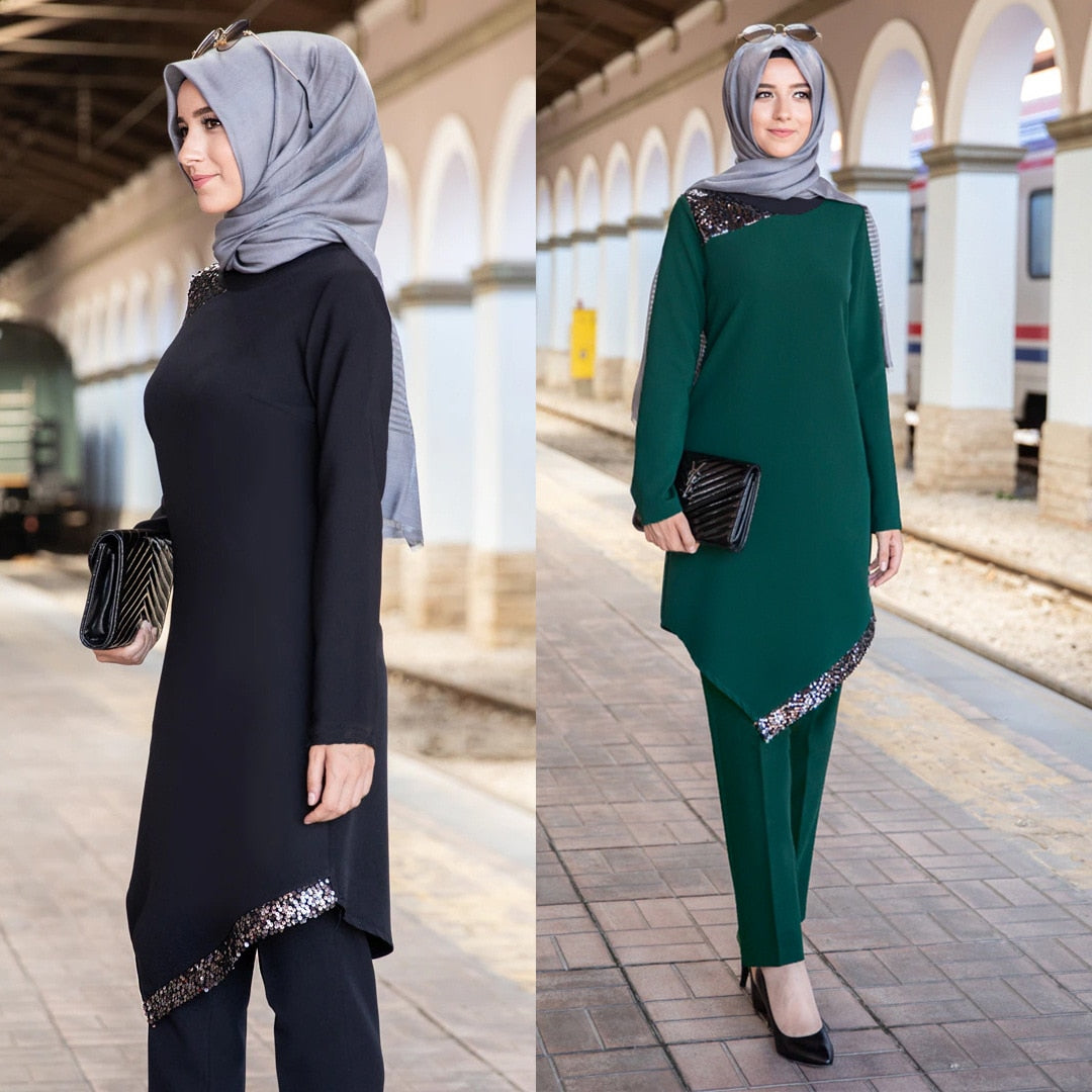 Muslim 2 Piece Sets Women Abaya Dubai Lace-up Tops and Wide Leg Pants Kaftan Eid Pakistan Turkey African Prayer Islamic Clothing - Statnmore-7861