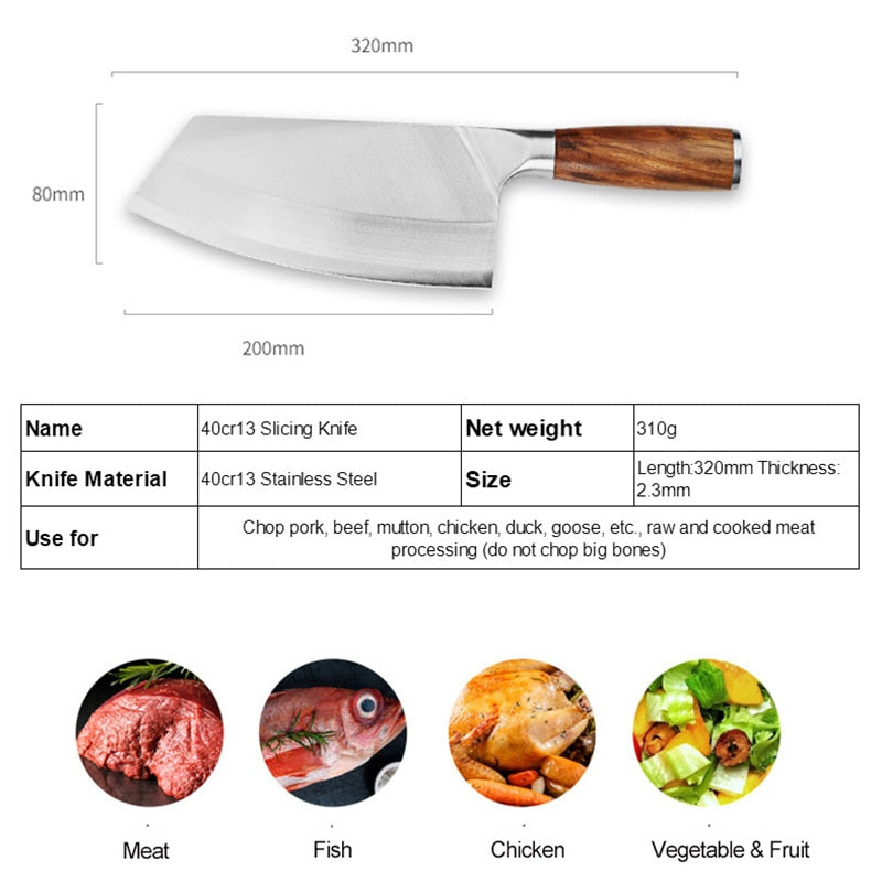 8inch Chinese Chef Knife Stainless Steel Meat Vegetables Slicing Chopping Cleaver Kitchen Knife Household Cooking Tools Handmade Knives Knife - Statnmore-7861