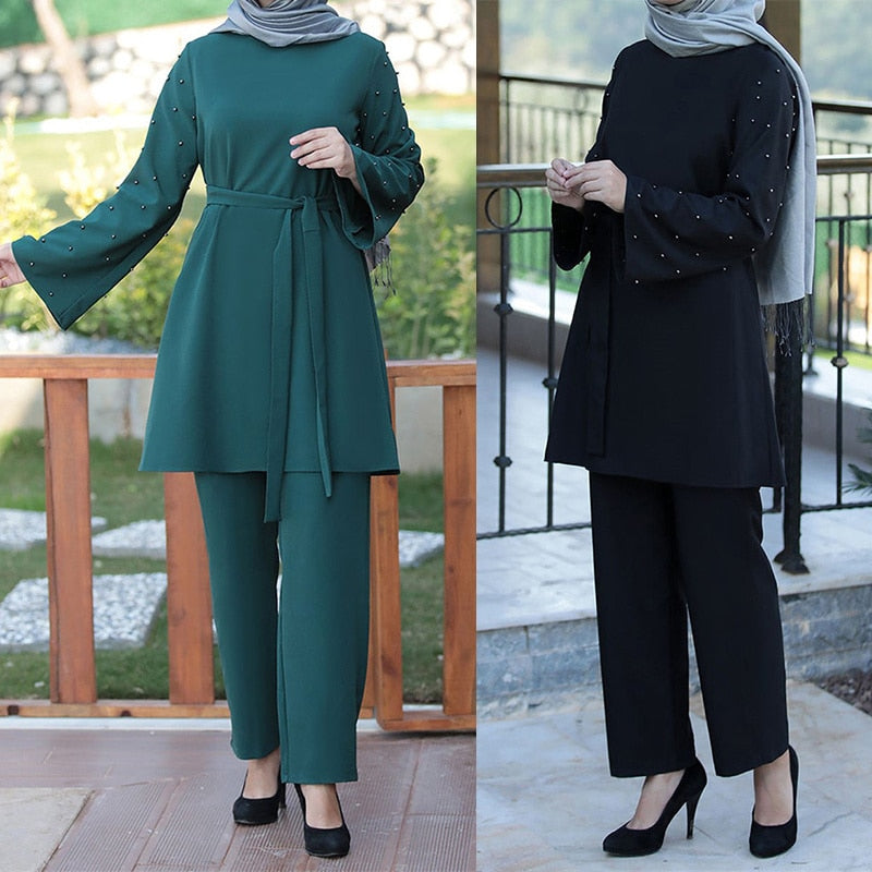 Muslim 2 Piece Sets Women Abaya Dubai Lace-up Tops and Wide Leg Pants Kaftan Eid Pakistan Turkey African Prayer Islamic Clothing - Statnmore-7861