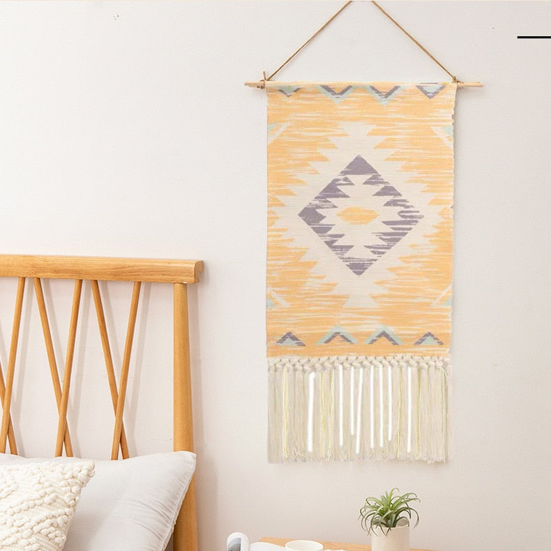 Macrame Wall Hanging Tapestry Home Decor Cotton Tassel Handmade Woven Bohemian geometric canvas Art background cloth tapestry - Statnmore-7861