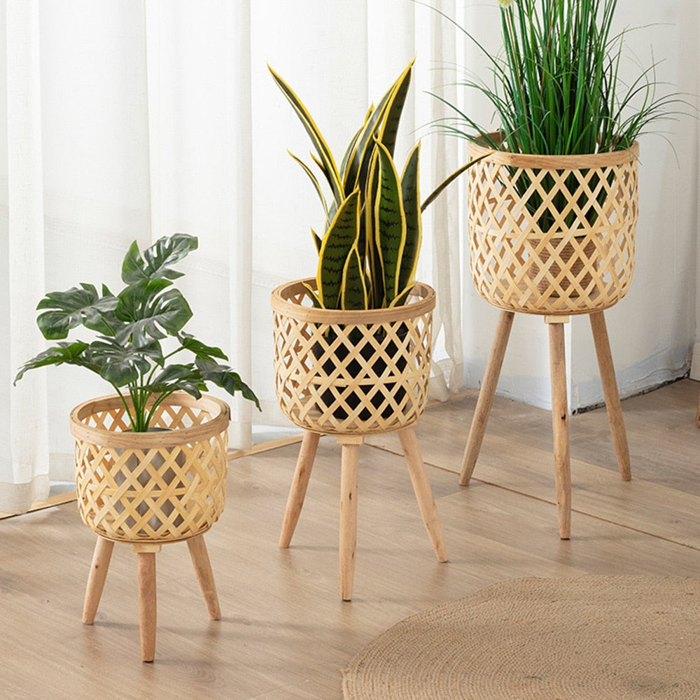 Handmade Bamboo Woven Flower Pot with Stand  Plant Flower Display Storage Stand DIY Storage Nursery Pots Home Decoration - Statnmore-7861