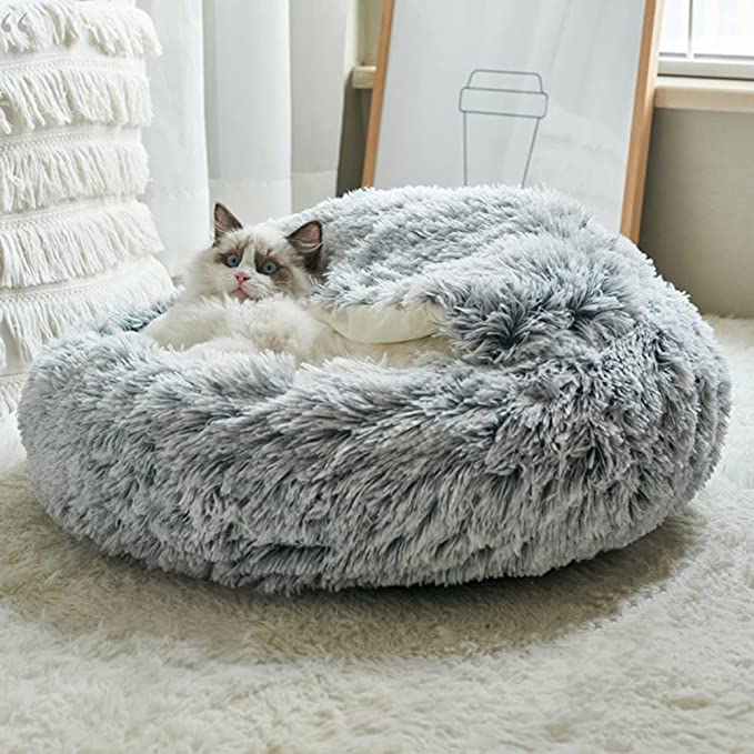 Winter Long Plush Pet Cat Bed Round Cat Cushion House  Warm Cat Basket Cat Sleep Bag Cat Nest Kennel 2 In 1 For Small Dog Cat - Statnmore-7861