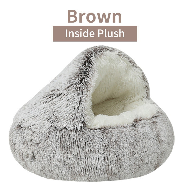 Winter Long Plush Pet Cat Bed Round Cat Cushion House  Warm Cat Basket Cat Sleep Bag Cat Nest Kennel 2 In 1 For Small Dog Cat - Statnmore-7861