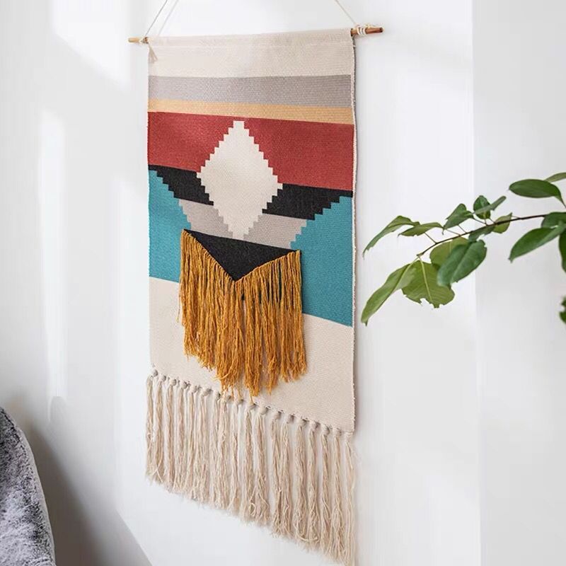 Macrame Wall Hanging Tapestry Home Decor Cotton Tassel Handmade Woven Bohemian geometric canvas Art background cloth tapestry - Statnmore-7861