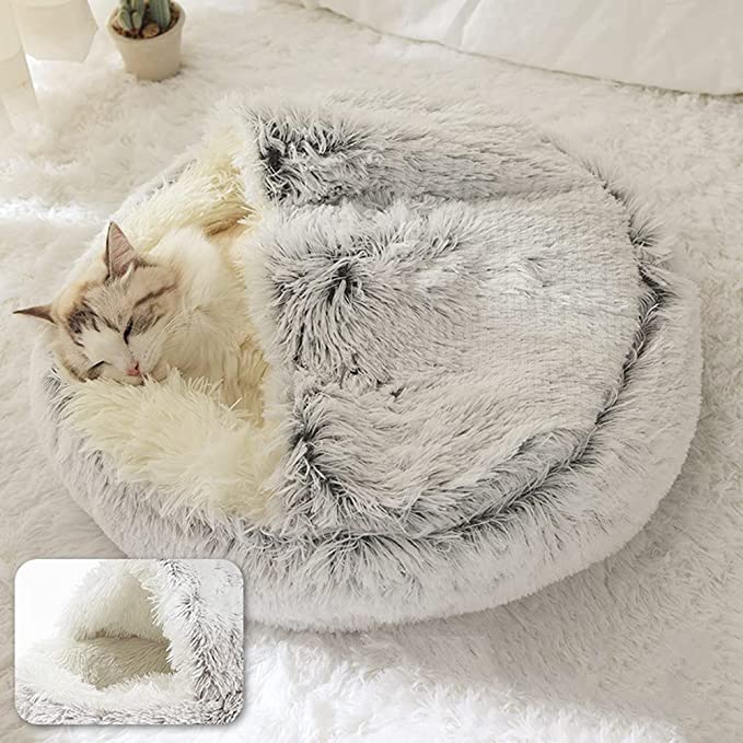 Winter Long Plush Pet Cat Bed Round Cat Cushion House  Warm Cat Basket Cat Sleep Bag Cat Nest Kennel 2 In 1 For Small Dog Cat - Statnmore-7861