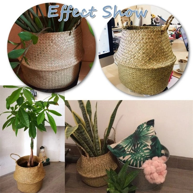 Folding Flower Pot Plant Straw Storage Seagrass Baskets Flower Vase Handmade Hanging Basket Flower Home Decor - Statnmore-7861