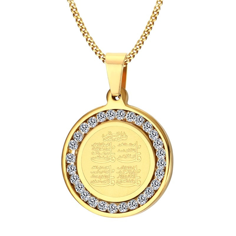 Mens Necklace 4 Qul Muslim Islamic Hajj Umrah Pendant Stainless Steel Gold Color CZ Stone Men Fashion Necklace - Statnmore-7861