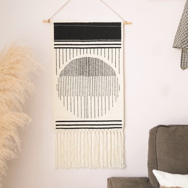 Macrame Wall Hanging Tapestry Home Decor Cotton Tassel Handmade Woven Bohemian geometric canvas Art background cloth tapestry - Statnmore-7861