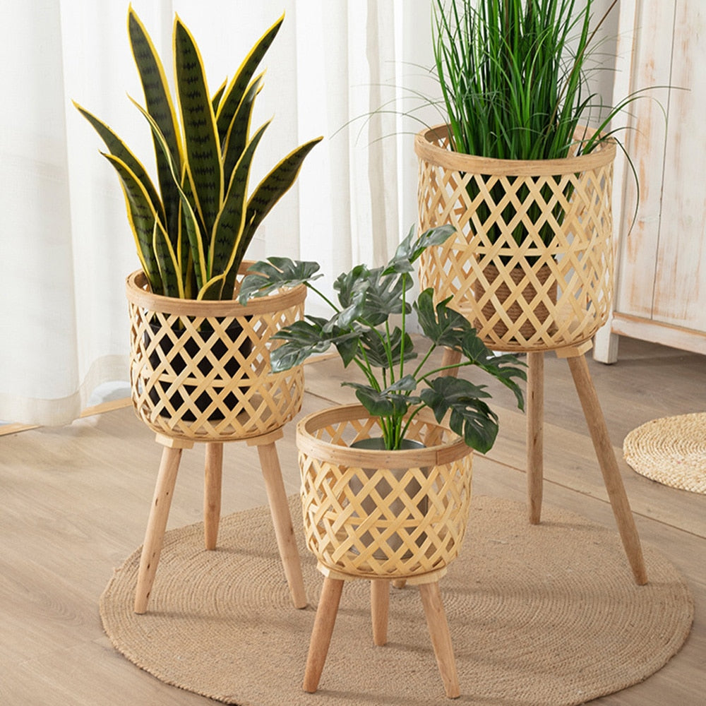 Handmade Bamboo Woven Flower Pot with Stand  Plant Flower Display Storage Stand DIY Storage Nursery Pots Home Decoration - Statnmore-7861