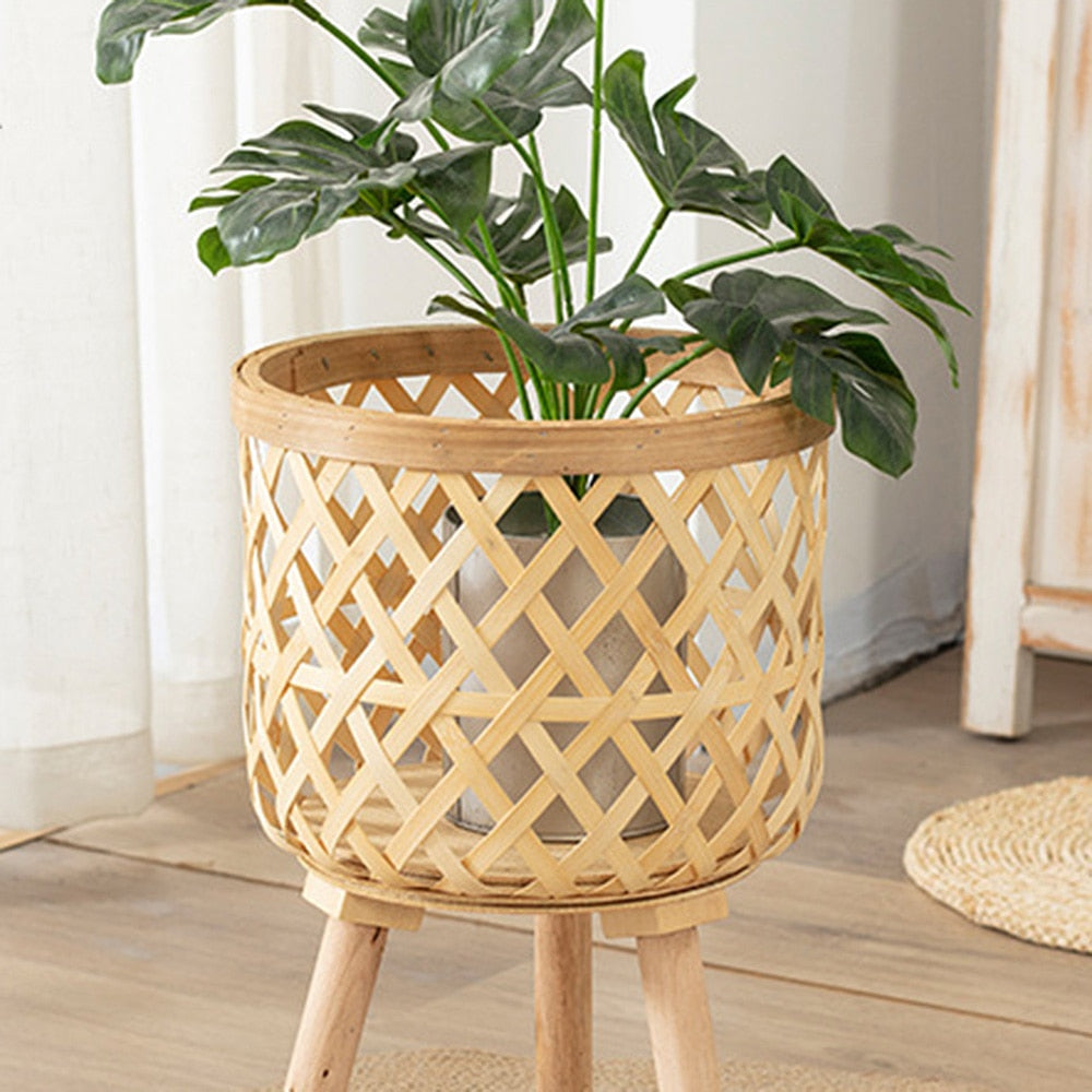 Handmade Bamboo Woven Flower Pot with Stand  Plant Flower Display Storage Stand DIY Storage Nursery Pots Home Decoration - Statnmore-7861